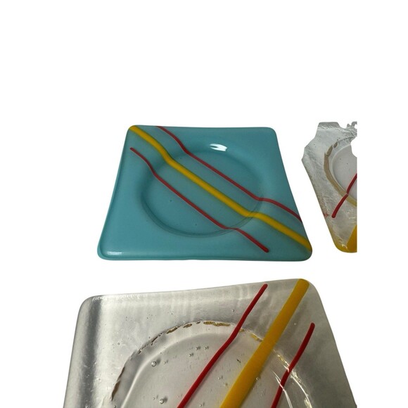 4 Art Glass Fused Artisan Coasters Blue Yellow Red  Trinket bowl Decor Vintage - Picture 8 of 16